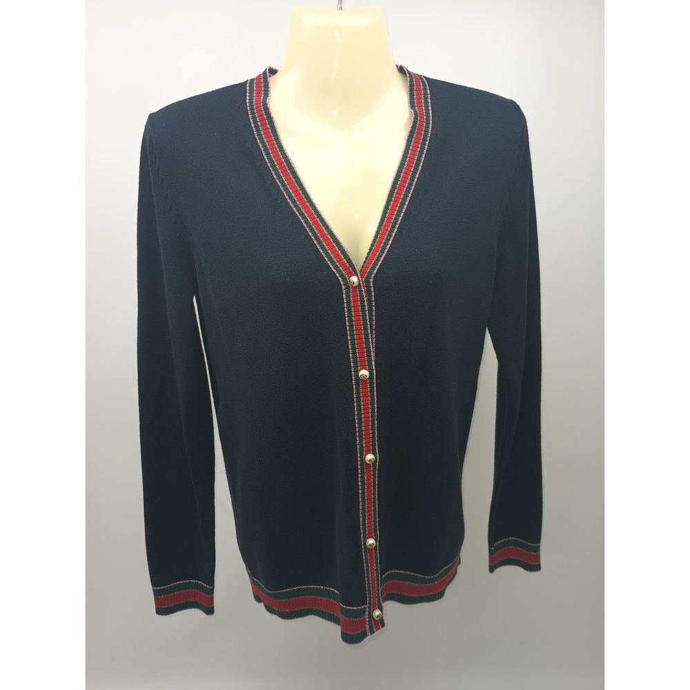 Gucci Women's Navy Blue Striped Merino Wool Knit Cardigan Size Small - Picture 2 of 6